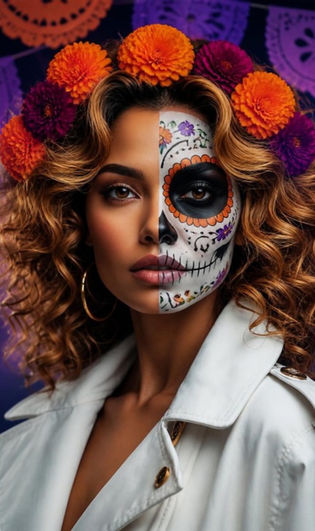 Lina com metade do rosto natural e metade com maquiagem de Catrina