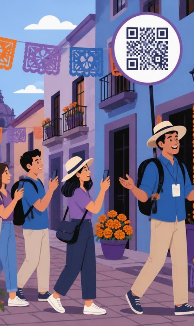 Guia de turismo com mochila pirulito e QR code