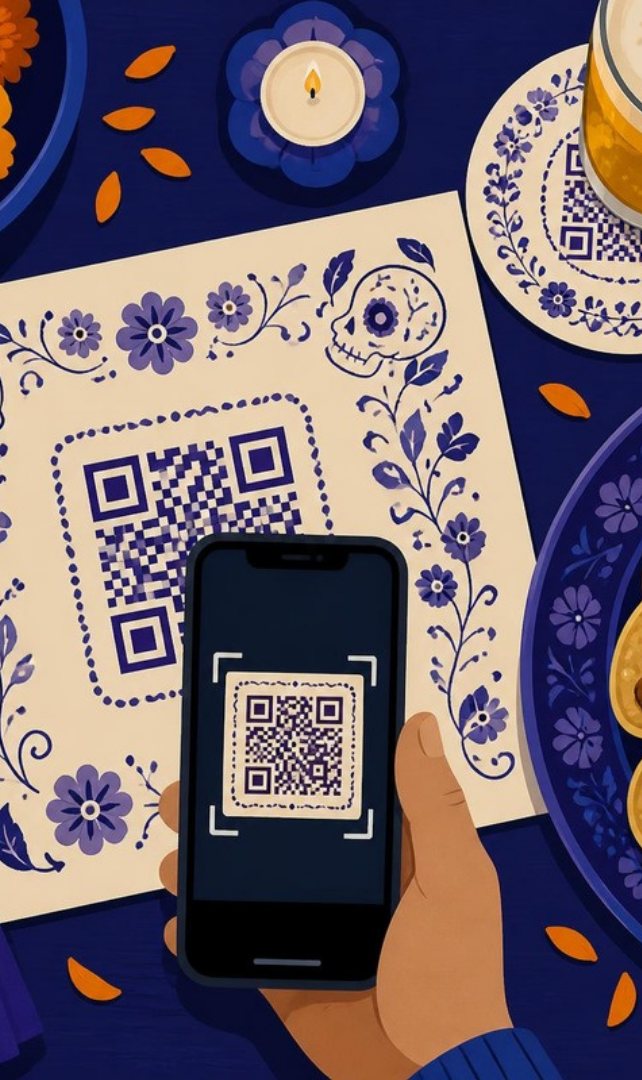 Mesa de restaurante com jogo americano e bolacha de copo com QR code