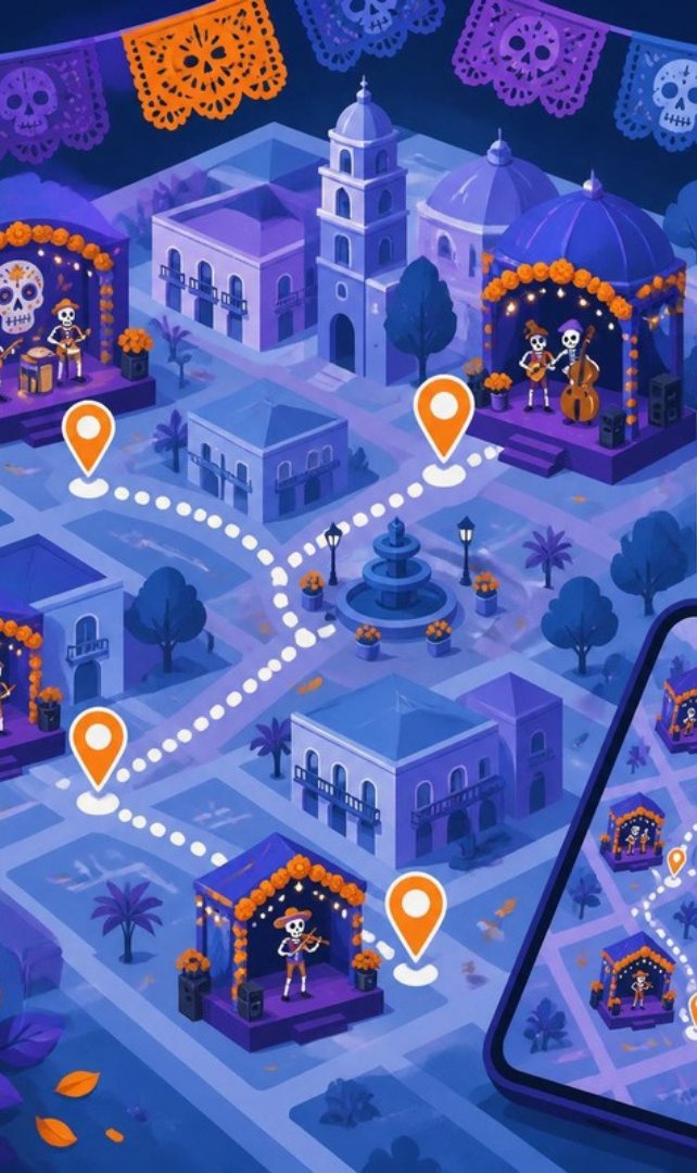 Mapa com rota entre os palcos
